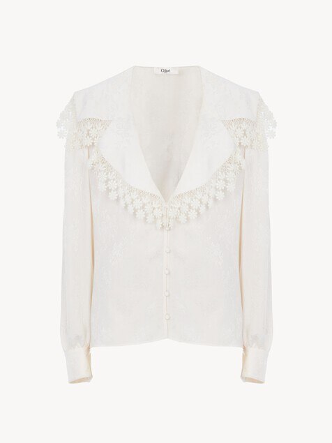Maxi-collar blouse in silk jacquard & lace