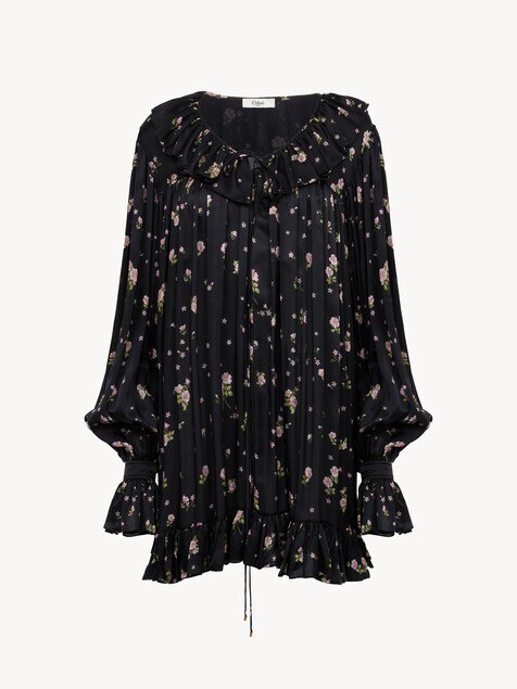 Gathered long-sleeve mini dress in silk charmeuse