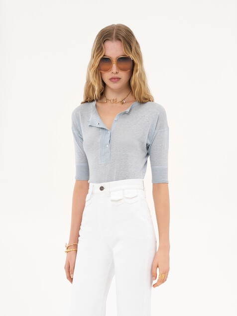 Camisa henley de manga corta de punto de lino y seda