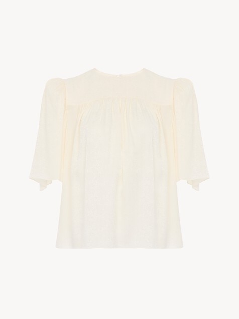 Top fruncido con cuello redondo de jacquard de seda
