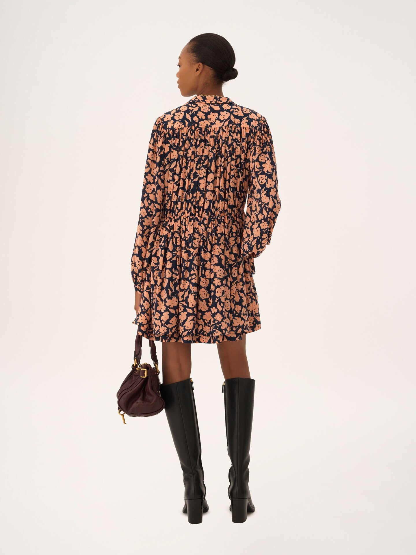 Gathered midi dress in cr&ecirc;pe de chine - 5