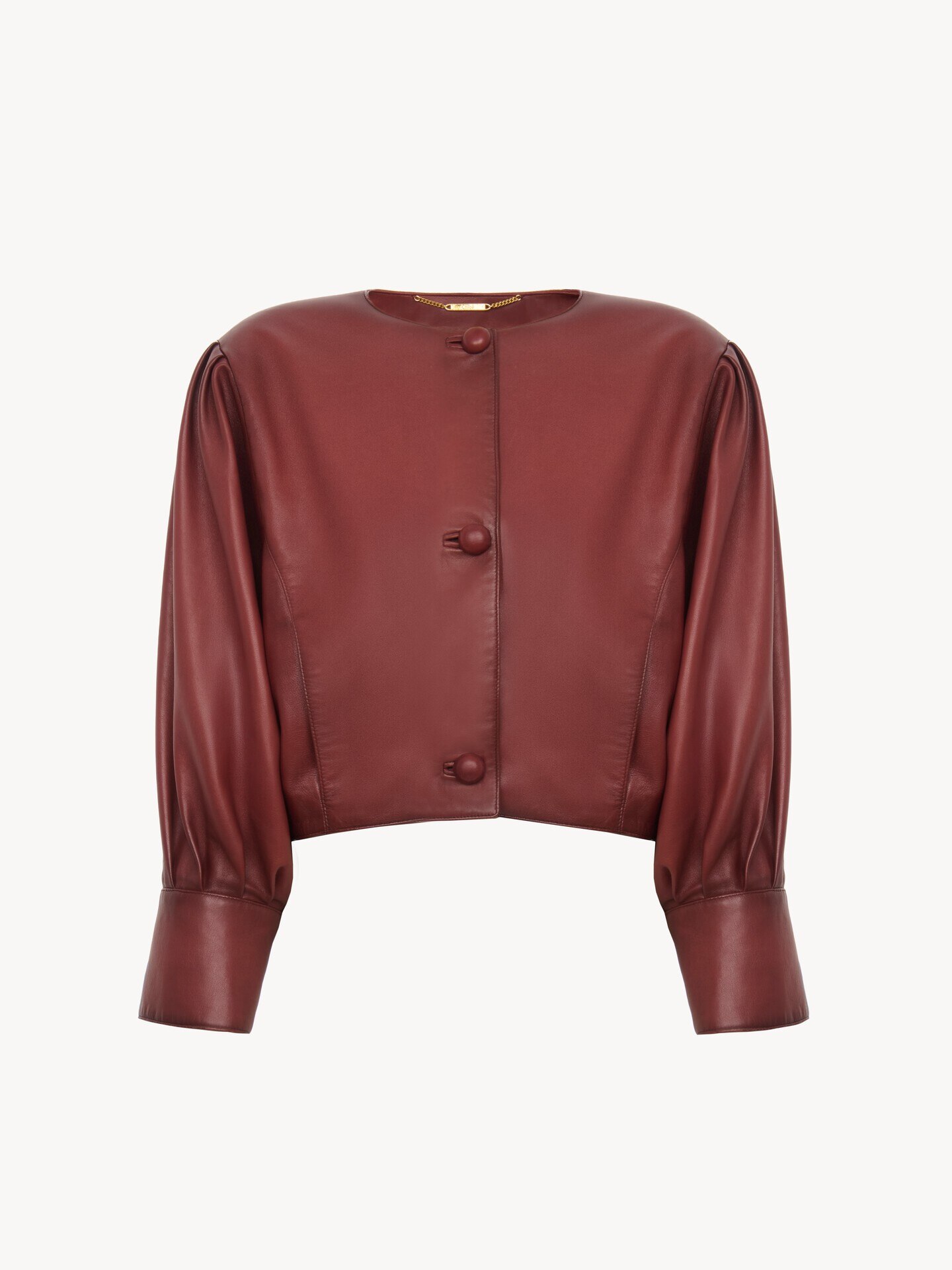 Cropped collarless jacket in leather - 2