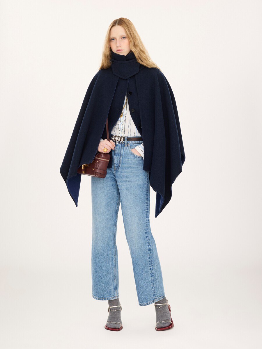 High-neck short cape coat in washed double-face wool - 3