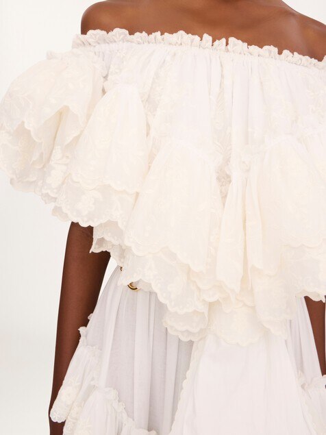 Vestido largo con volantes de gasa de algod&oacute;n