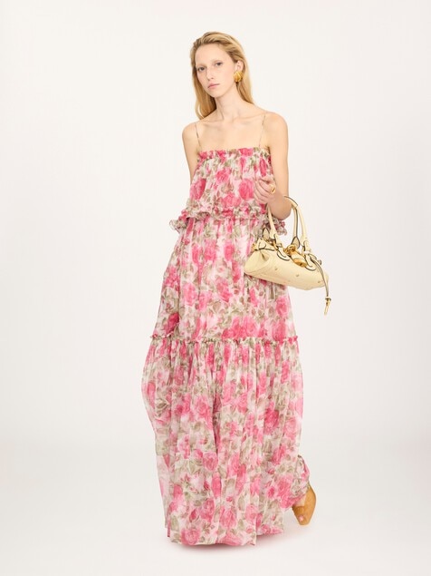 Thin-strap long dress in silk mousseline