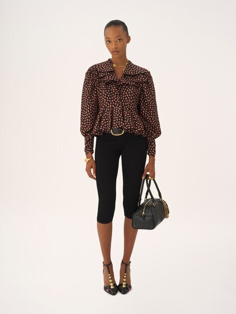 V-neck ruffled top in silk jacquard