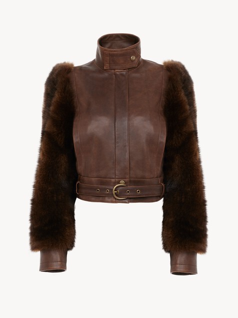 High-neck short jacket in leather