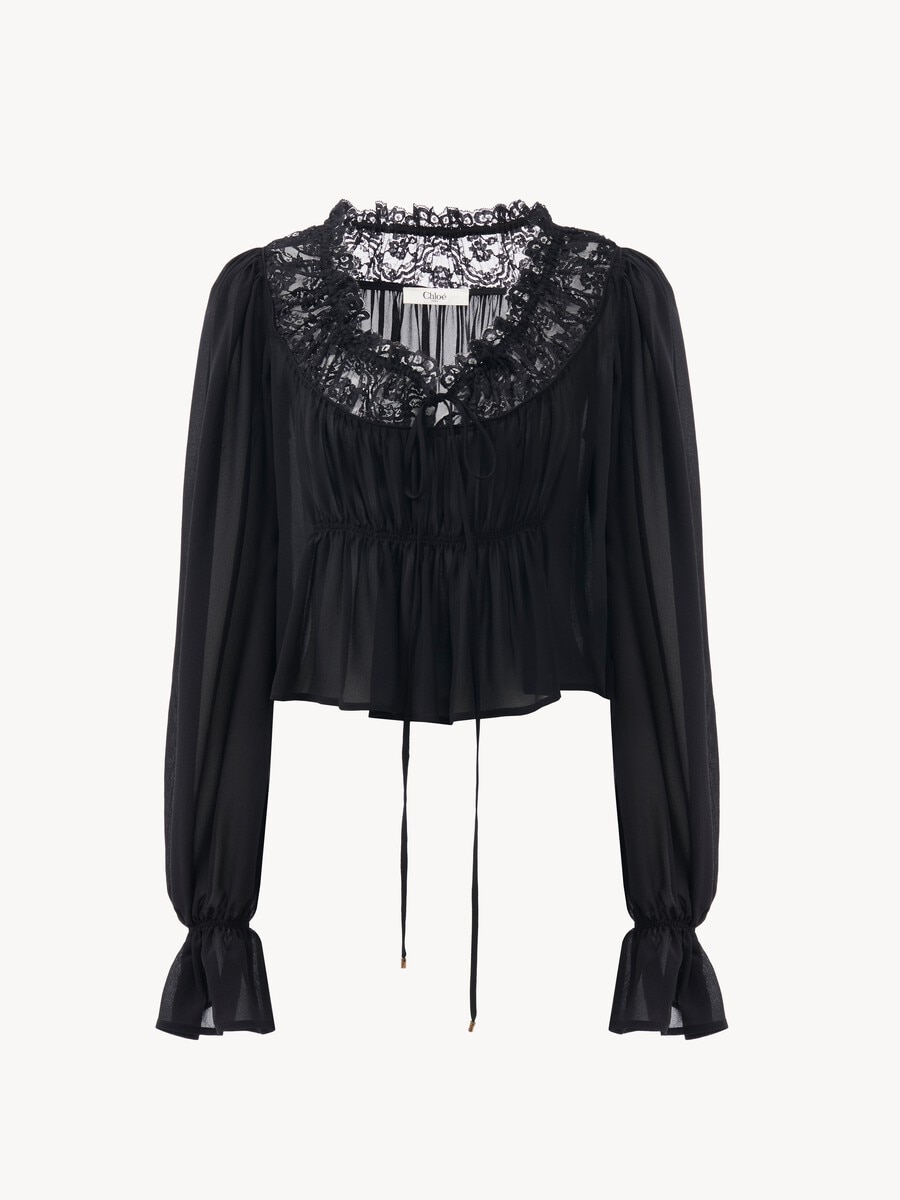 Scoop-neck cropped top in silk georgette & lace - 2