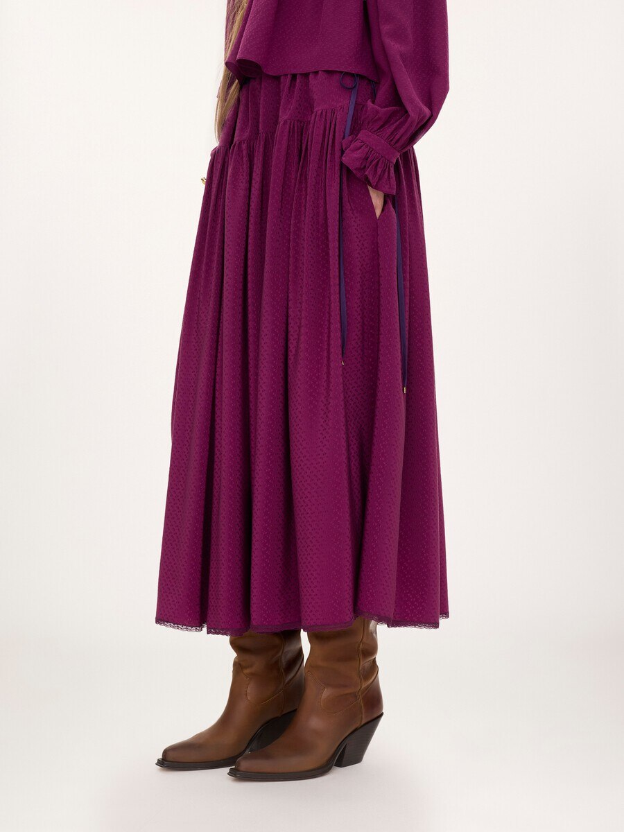 Gathered long skirt in silk jacquard & lace - 4