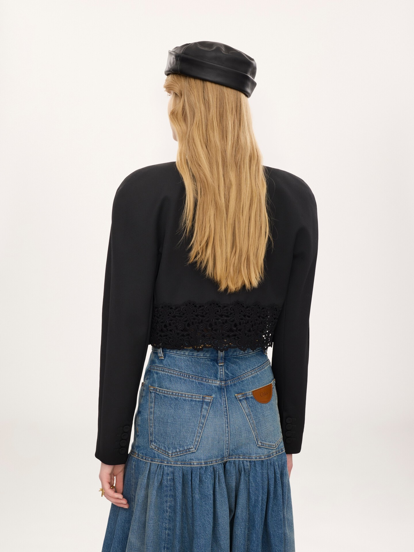 Collarless cropped jacket in wool grain de poudre & lace - 5
