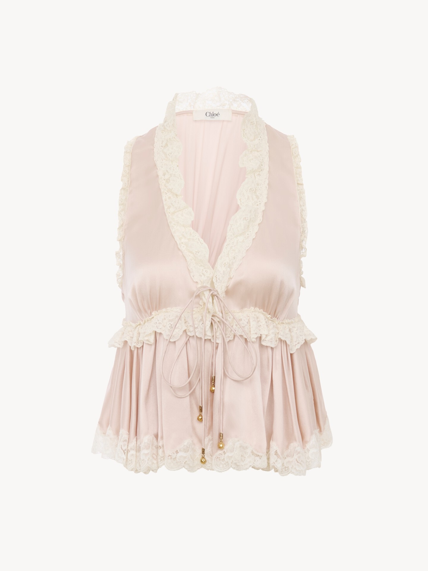 Tie-front sleeveless top in washed silk satin & lace - 2