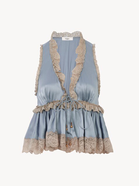 Tie-front sleeveless top in washed silk satin & lace