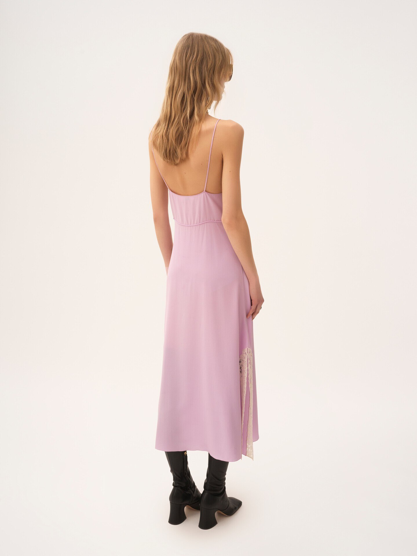 Thin-strap midi dress in crêpe de chine & lace - 5
