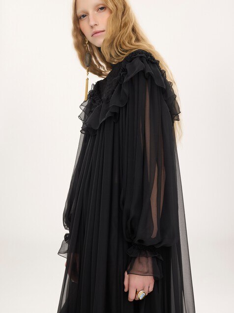 High-neck ruffled midi dress in silk mousseline