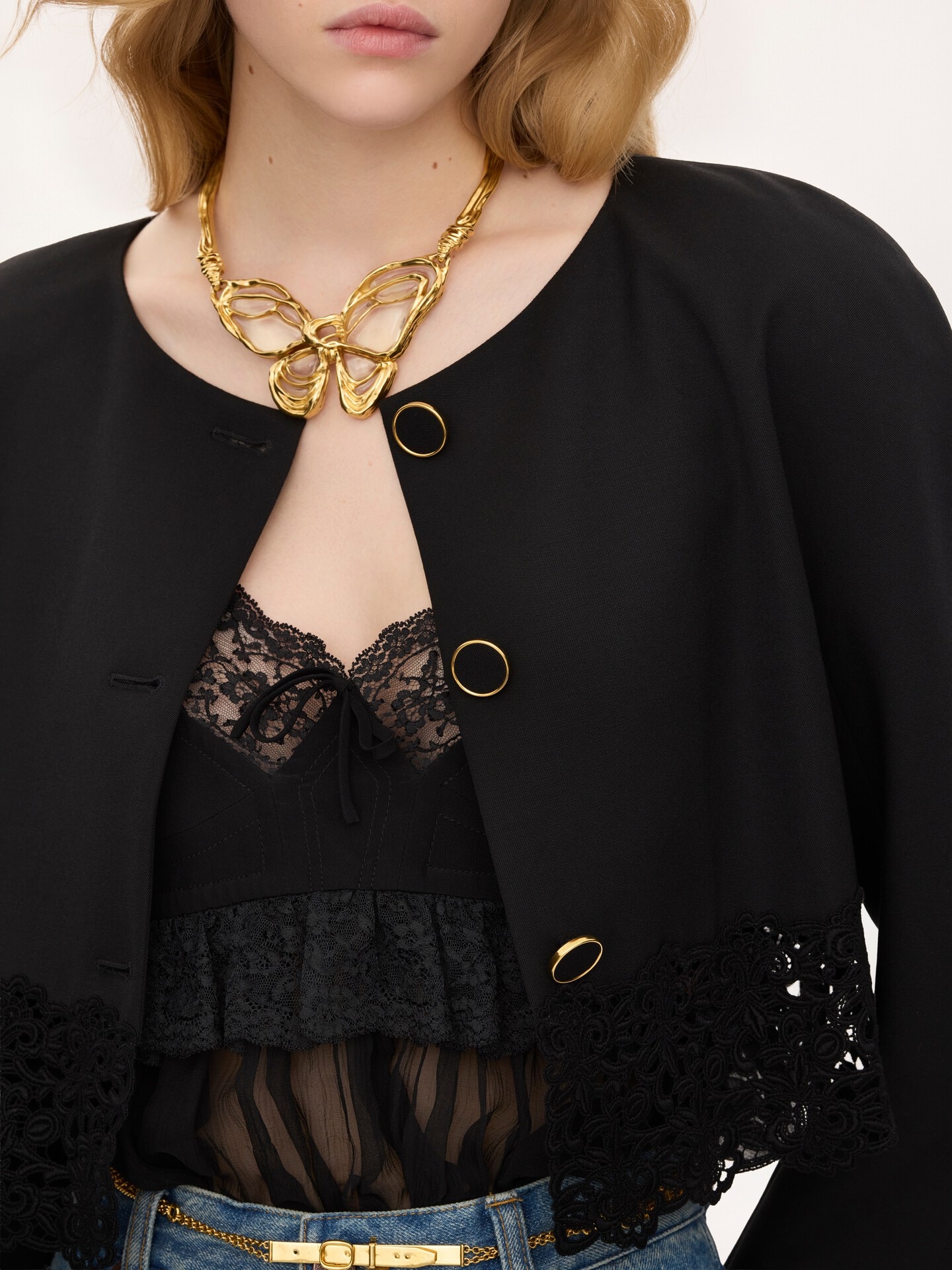 Collarless cropped jacket in wool grain de poudre & lace - 6