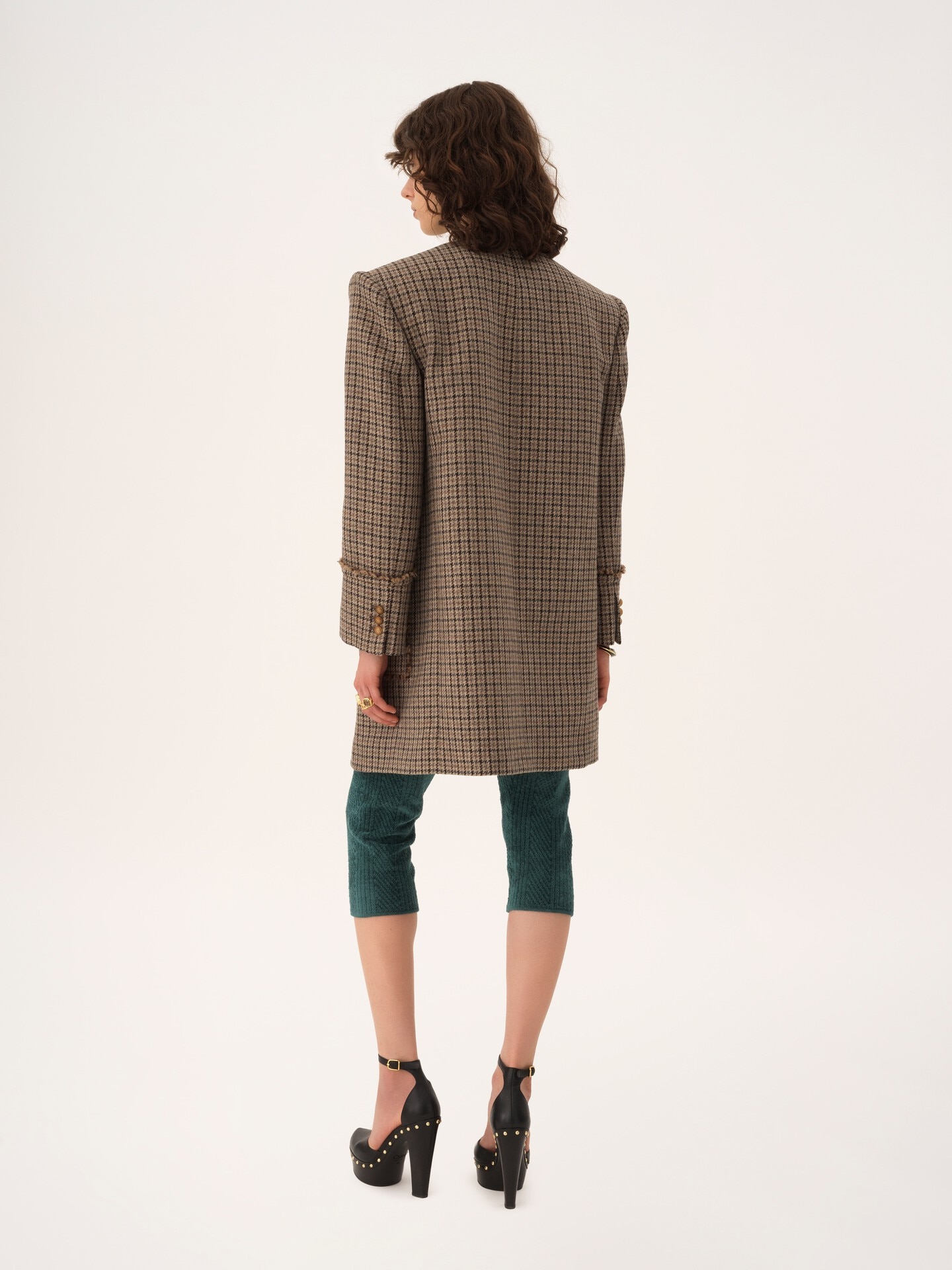 Single-breasted collarless coat in houndstooth wool - 5