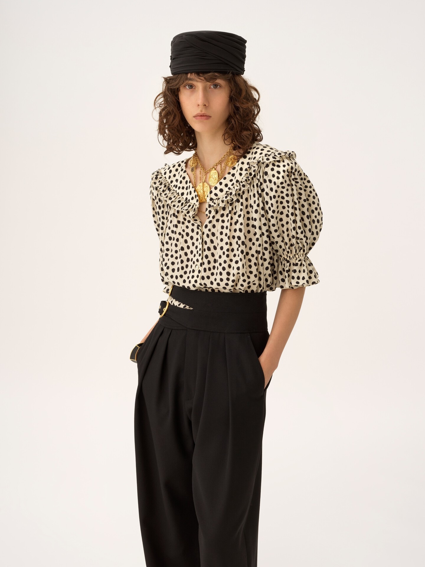 Puff-sleeve ruffled top in crêpe de chine - 5