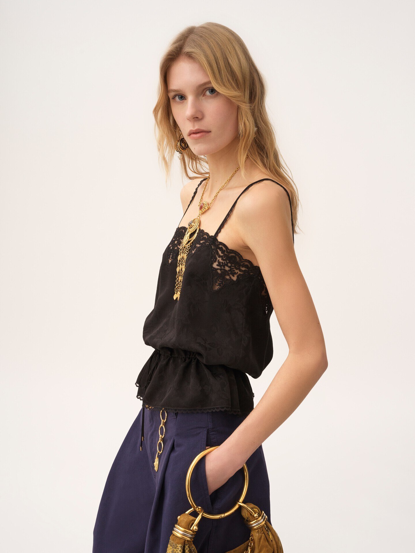 Drawstring camisole top in silk jacquard & lace - 4