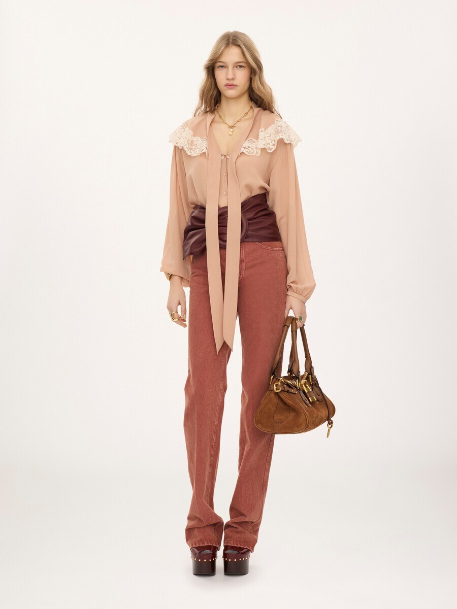 Tie-front gathered blouse in silk georgette & lace - 3