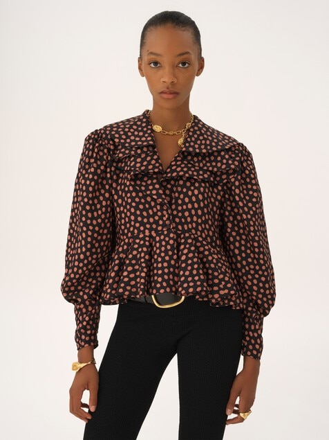 V-neck ruffled top in silk jacquard
