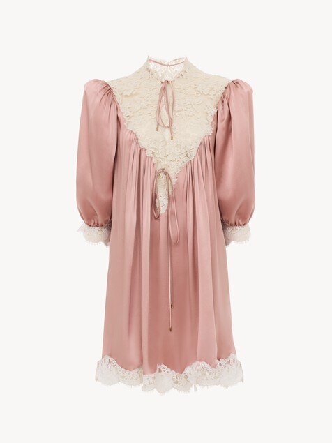 Gathered V-neck mini dress in washed silk satin & lace