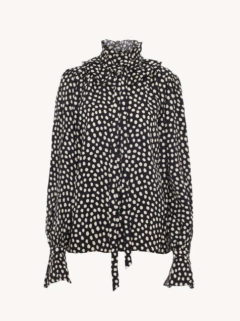 Tie-front ruffled blouse in silk jacquard
