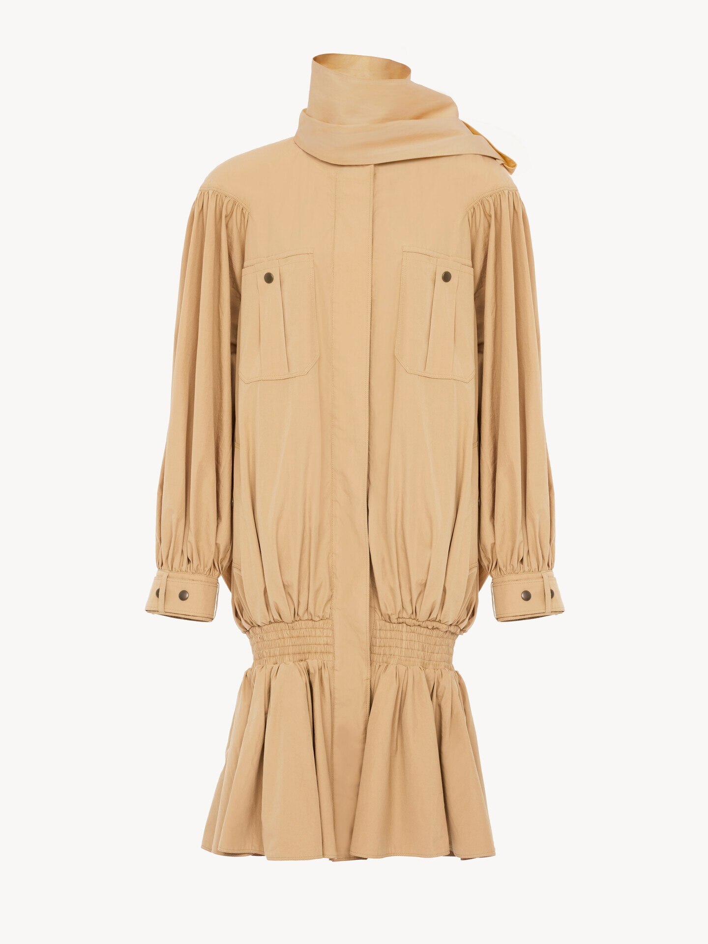 High-neck gathered trench coat in cotton poplin - 2