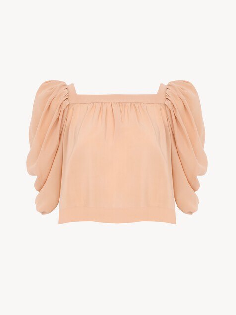 Puff-sleeve pleated top in cr&ecirc;pe de chine
