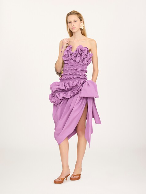 Ruched bustier midi dress in cotton poplin