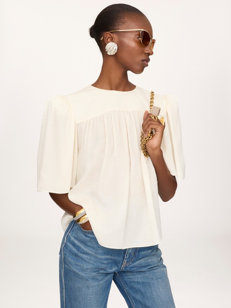 Crew-neck gathered top in silk jacquard - 4