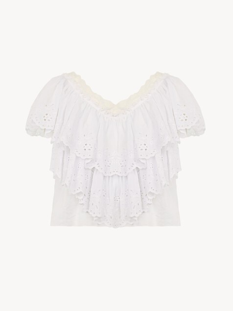Top cropped con cuello en V y volantes de velo de algod&oacute;n y encaje