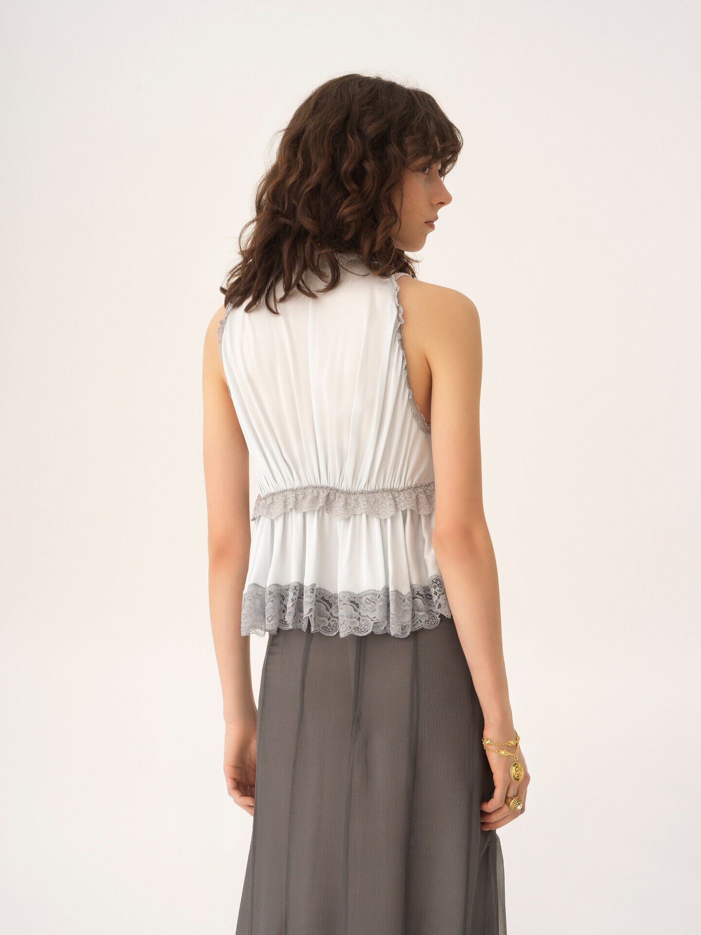 Tie-front sleeveless top in washed silk satin & lace - 6