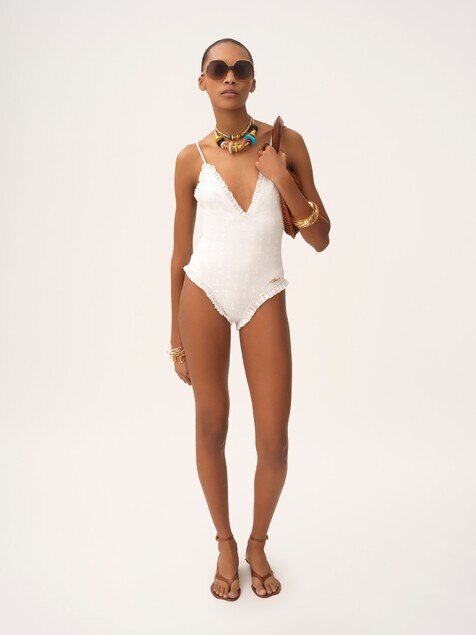 Ruffled V-neck one-piece swimsuit