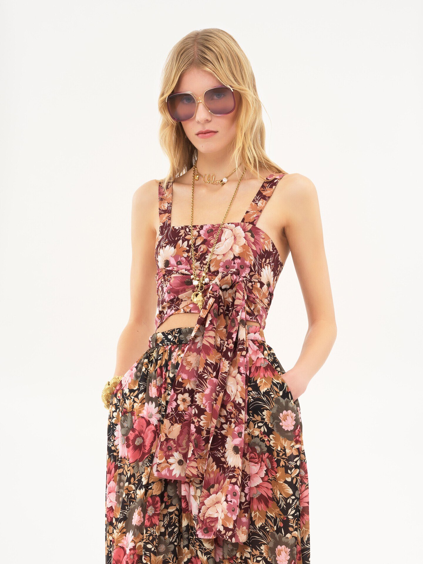 Cropped front-tie tank top in crêpe de chine - 5