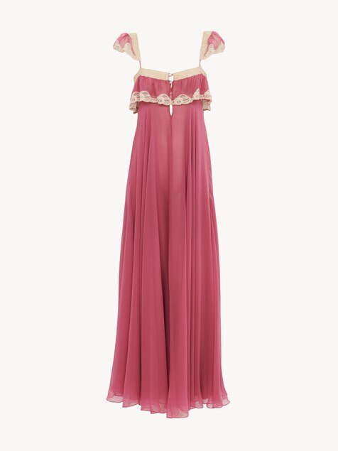 Fluid long dress in silk mousseline & lace