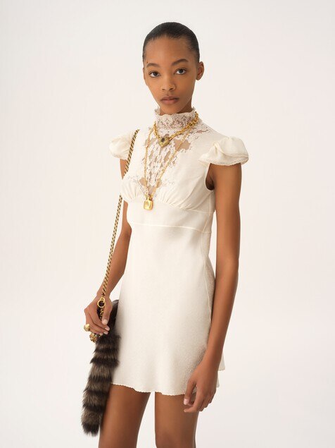 High-neck mini dress in jacquard silk & lace