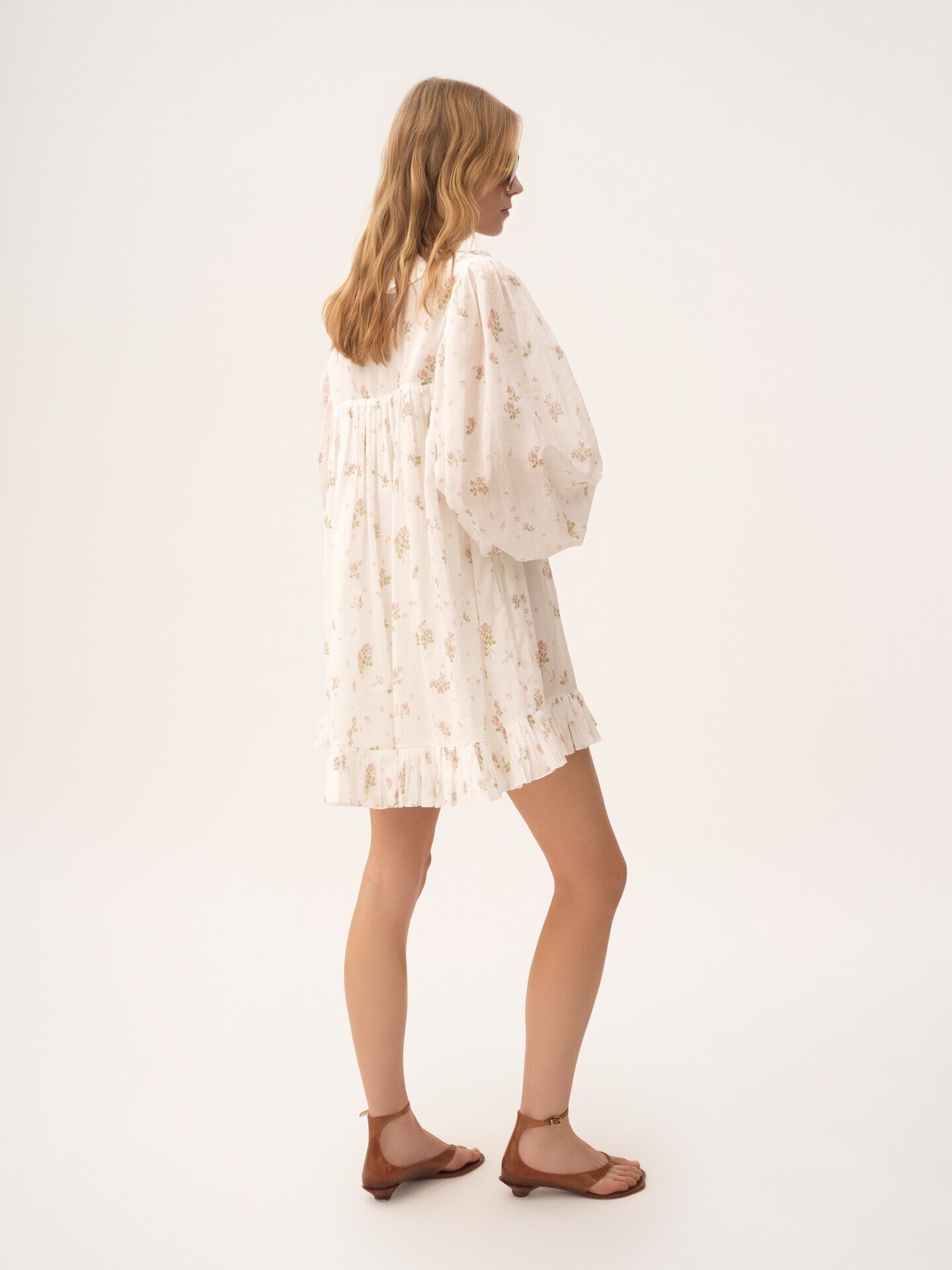 Gathered long-sleeve mini dress in cotton voile - 6