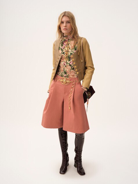 Scoop-neck cinched jacket in leather