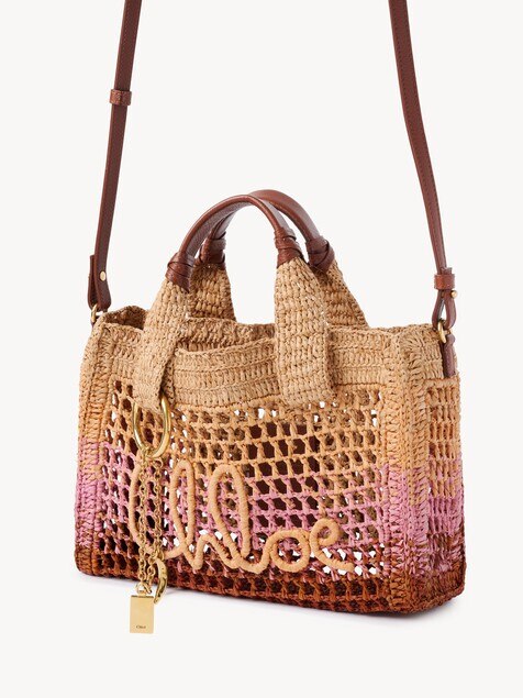 Bolso tote Summer Banana East-West peque&ntilde;o con correa de rafia