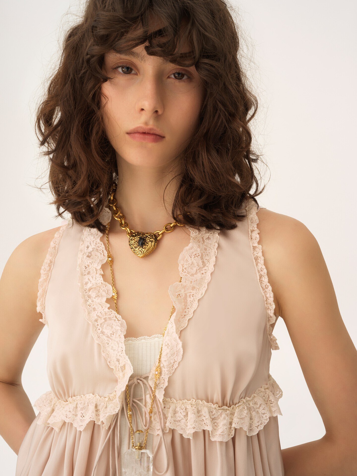 Tie-front sleeveless top in washed silk satin & lace - 7