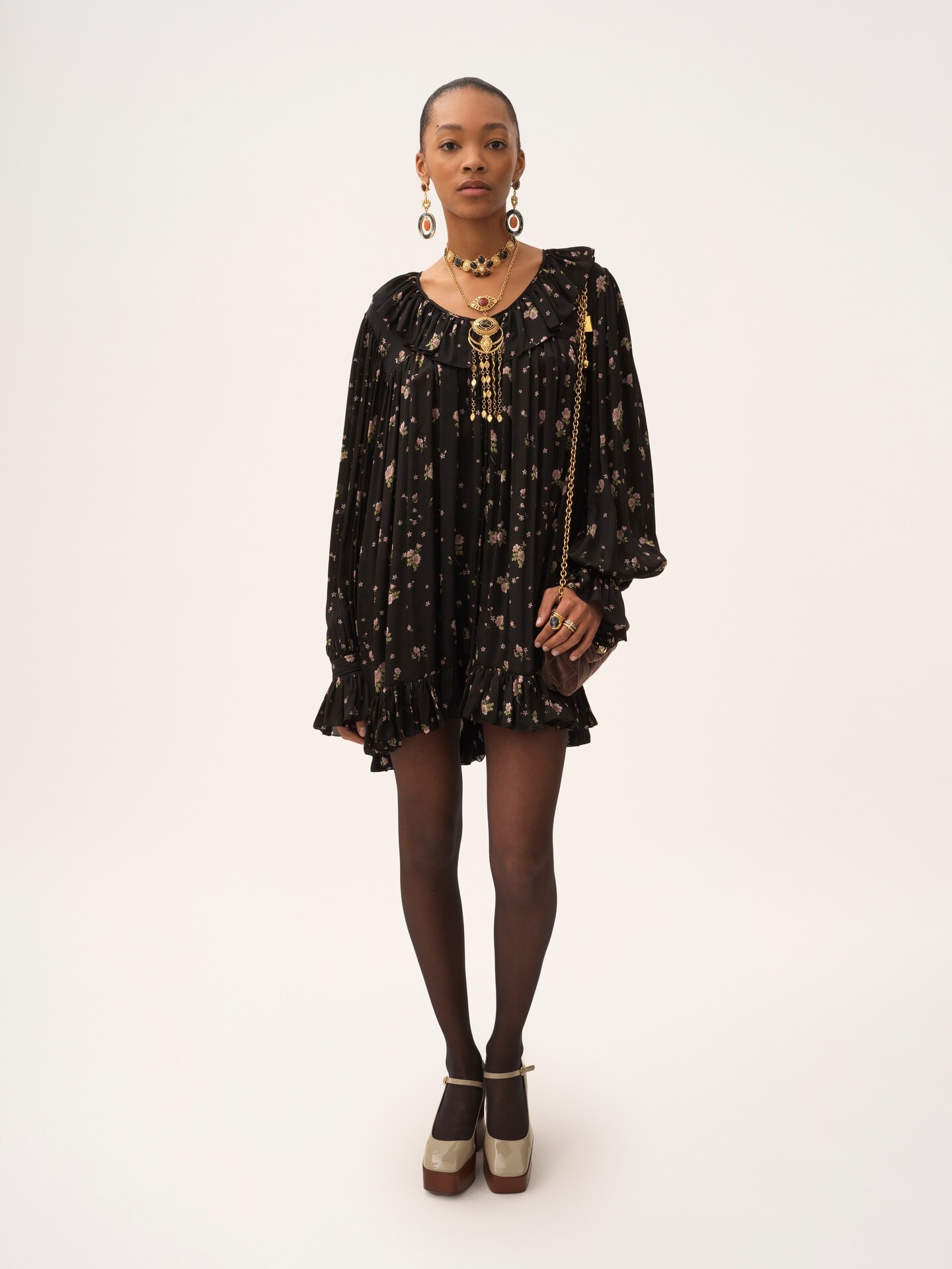 Gathered long-sleeve mini dress in silk charmeuse - 3