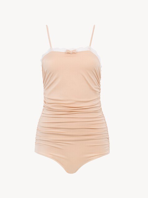 Lace-trimmed ruched bodysuit
