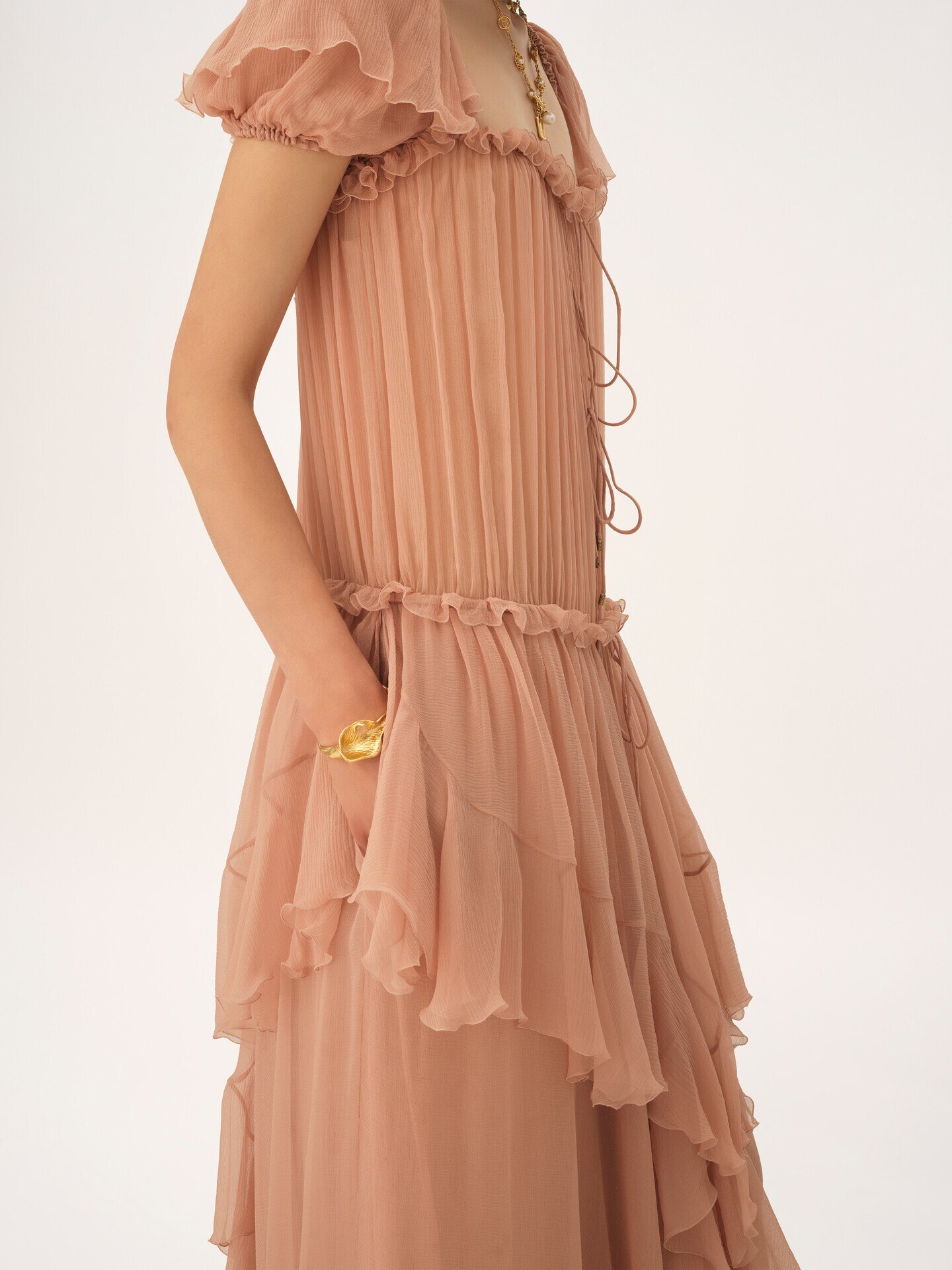 Gathered long ruffled dress in silk mousseline - 9