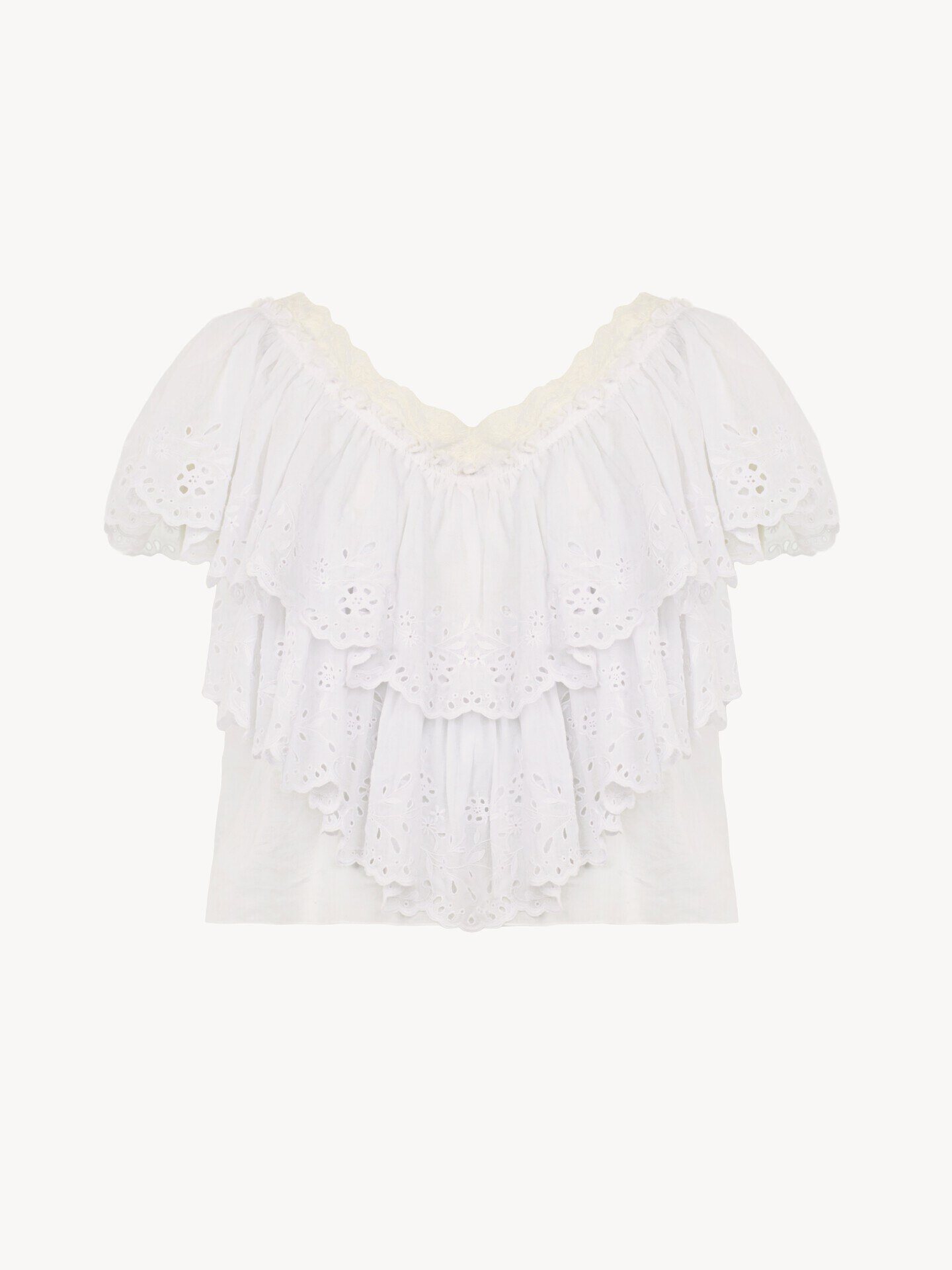 Top cropped con cuello en V y volantes de velo de algod&oacute;n y encaje - 2