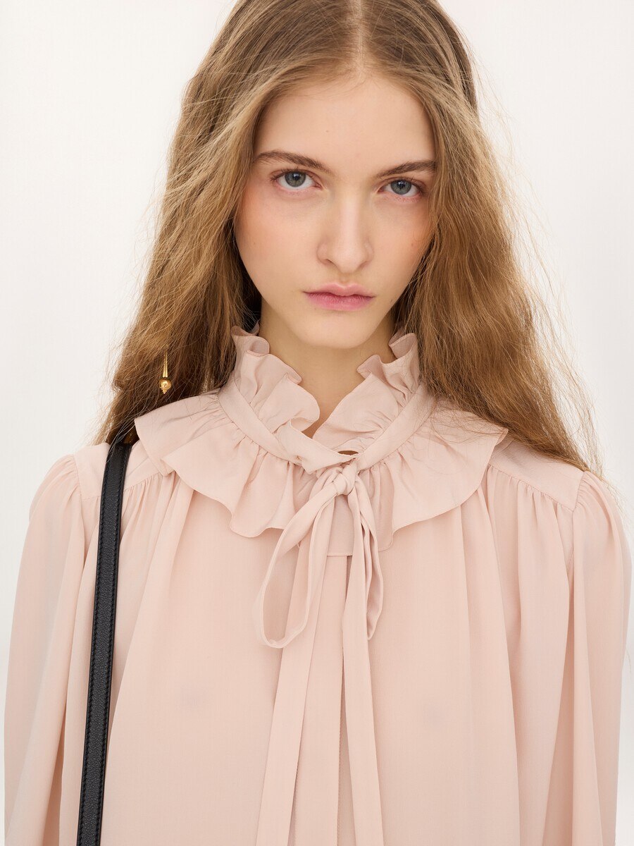 Tie-front ruffled blouse in cr&ecirc;pe de chine - 6