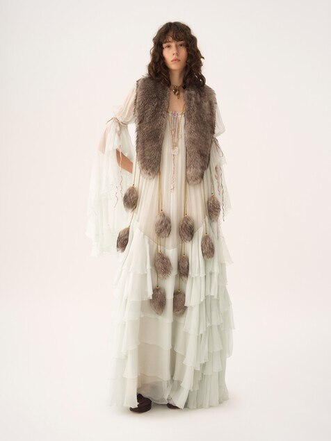 Oversized long ruffled dress in silk mousseline