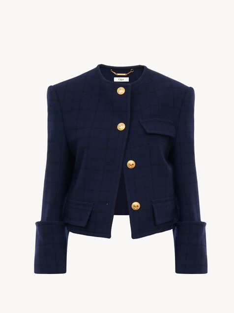 Boxy collarless jacket in wool check