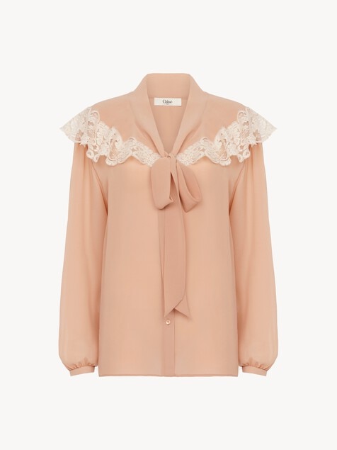 Tie-front gathered blouse in silk georgette & lace