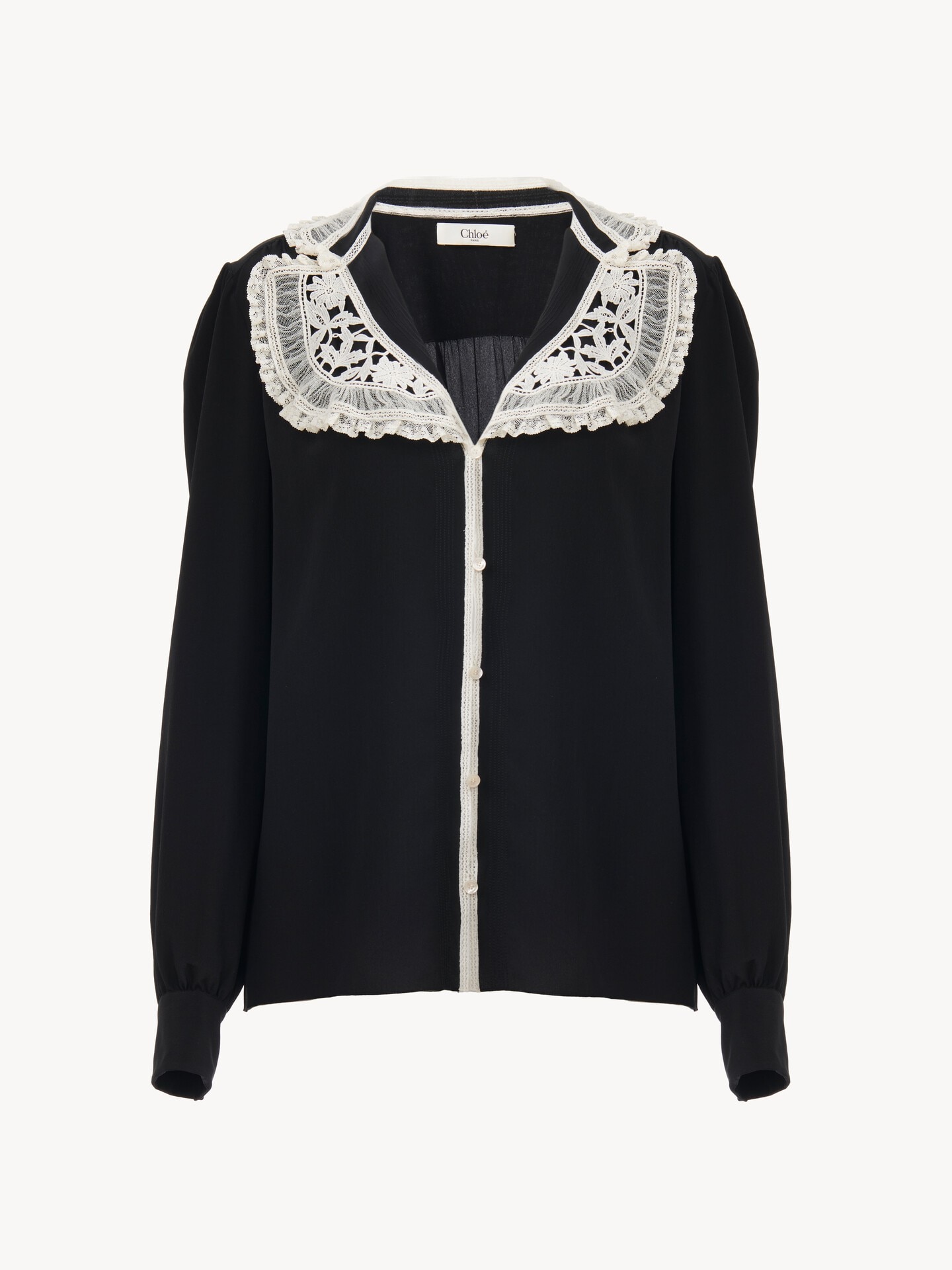 Ruffled blouse in crêpe de chine & lace - 1