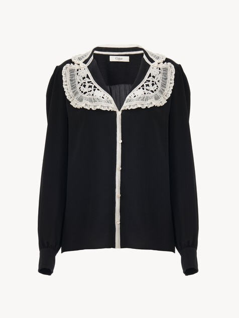 Ruffled blouse in crêpe de chine & lace